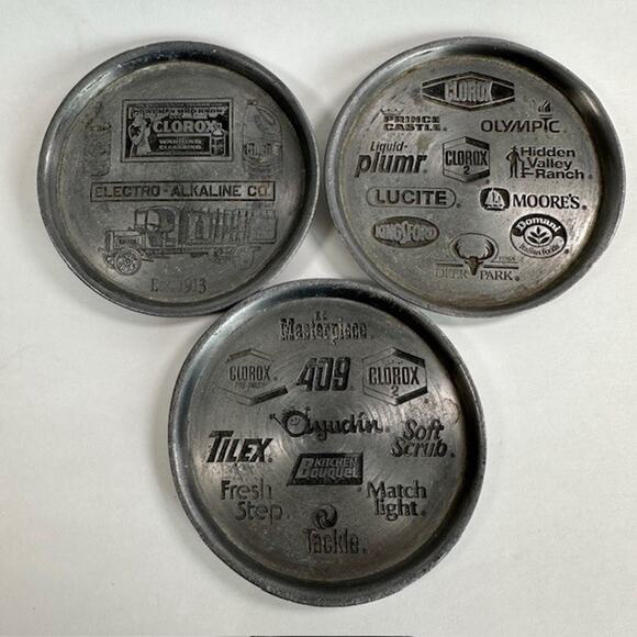 Clorox Co 75th Anniversary Advertisement Pewter (3) Drink Coasters Cork Backing - Picture 1 of 16